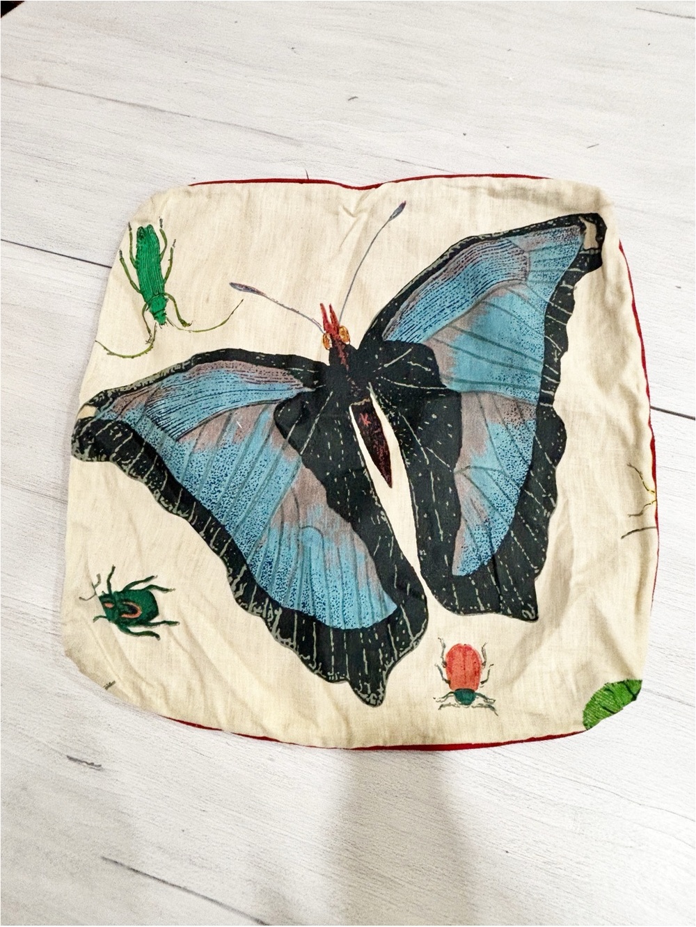 Custom Made OOAK Linen Butterfly Bug Print JOHN ROBSON Fabric Pillow 26” X 26”.